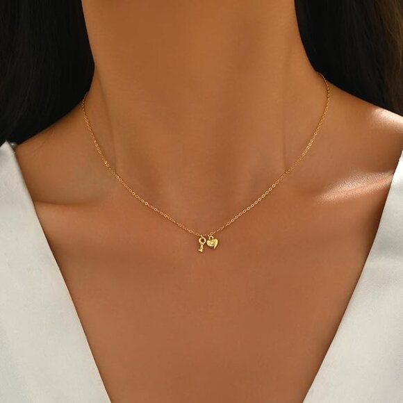 Heart Lock & Key Necklace 925 Sterling Silver Gold Plated Choker NWT - Picture 3 of 6